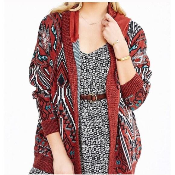 Ecote UO Orange Gray Aqua Aztec Western Open Front Hooded Cardigan Sweater XS - Picture 1 of 10